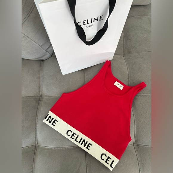 Celine Red Graphic Print Scoop Neck Crop Top Size S Logo Top - Picture 14 of 16